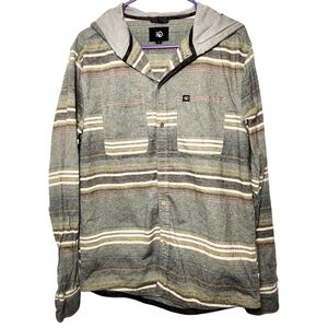 TenTree Striped Button Down Hooded Shirt - Green, White, Gray Okapi Shirt